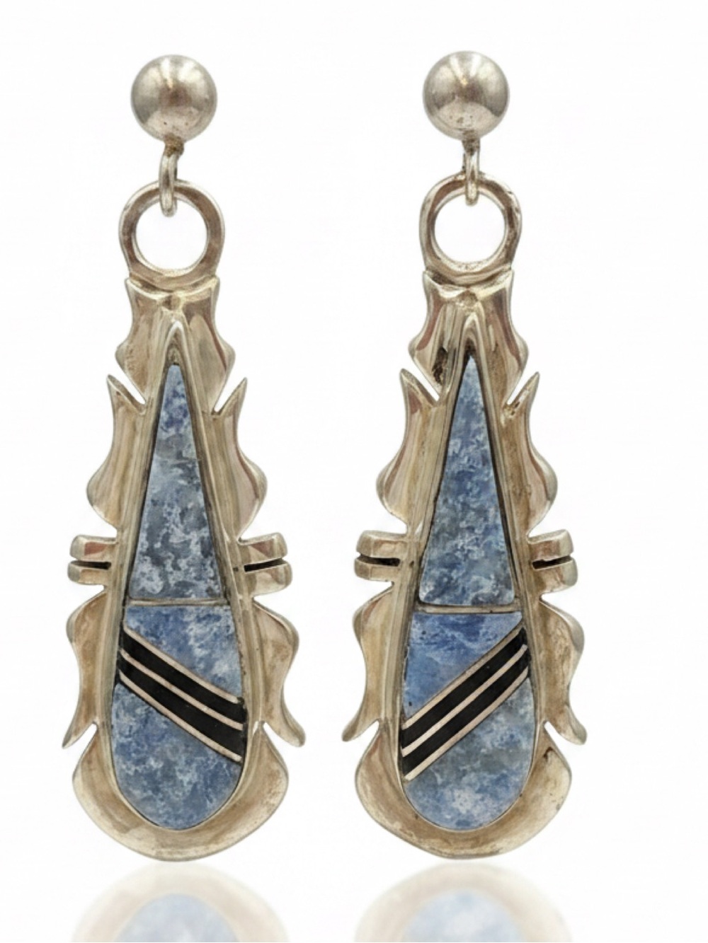 VTG Carolyn Pollack Carlisle Sodalite Onyx Sterling Inlay Feather Drop Earrings